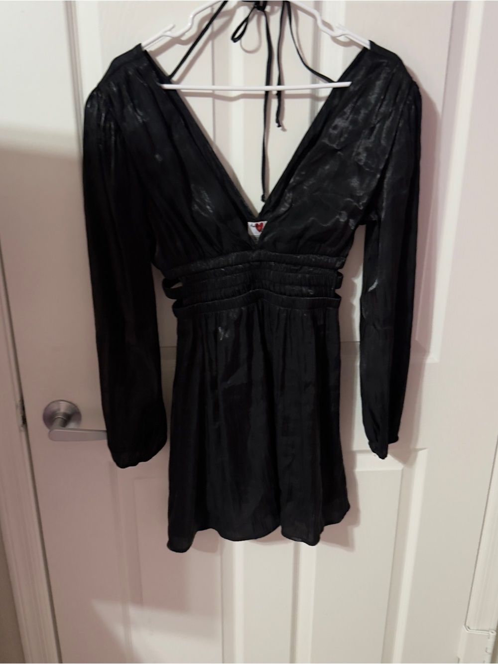 Black Long-Sleeve V-Neck Smocked-Waist Dress